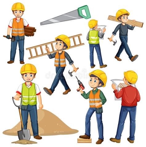Group Of Construction Workers Cartoon Characters Stock Vector