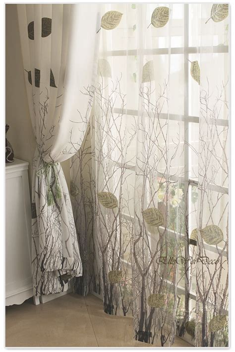 Elleweideco Modern Autumn Leaf Tree Branch Sheer Window Curtaindrape