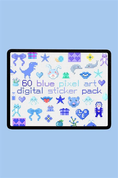 60 Blue Pixel Art Digital Sticker Pack Printable Sticker Cute Blue