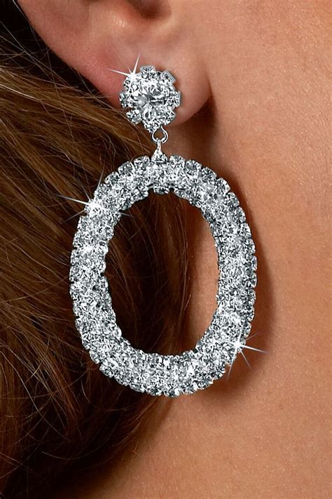 Rhinestone Earrings Dangle Pageant Choir Large Oval Crystal