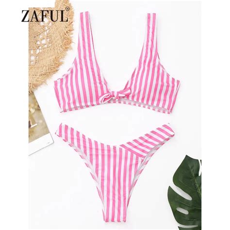 Zaful Bikini Striped Front Knot Swimwear Women Sexy Striped Plunging