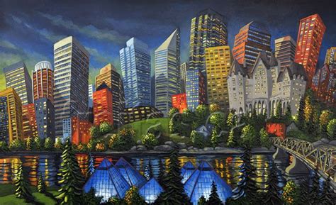 Edmonton Skyline At Night By Miguel Freitas Whimsical Paintings Art