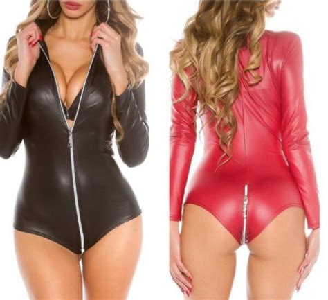 Sexy Open Crotch Leather Bodysuit For Sex Zipper Body Suits Women Pvc