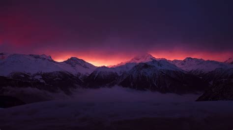 Download Wallpaper 1920x1080 Mountains Peaks Fog Sunset Sky Snow
