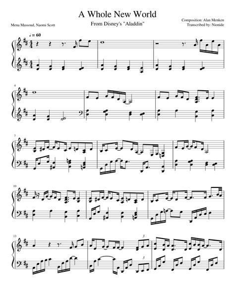 Free sheet music preview of a whole new world (from aladdin) for voice and piano by alan menken. Aladdin A Whole New World - piano ver. sheet music for Piano download free in PDF or MIDI