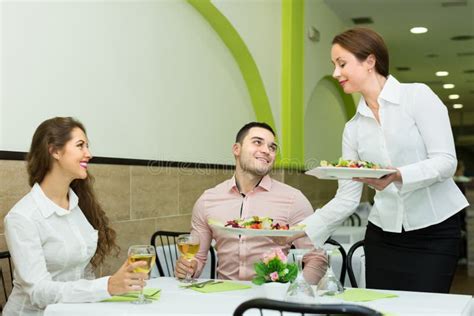 Female Waiter Serving Guests Table Stock Image Image Of Person