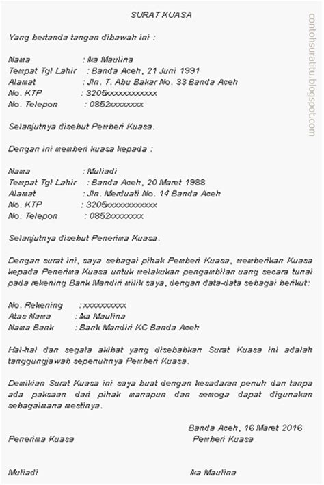 Contoh Surat Kuasa Pengambilan Uang di Bank Yang Benar