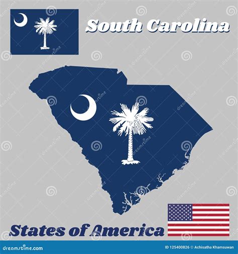Map Outline And Flag Of South Carolina White Palmetto Tree On An