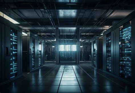 Shot Of Data Center With Multiple Rows Of Fully Operational Server