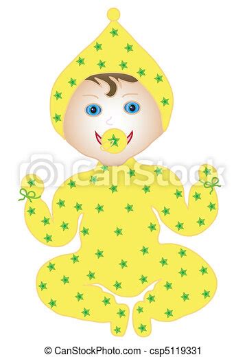 Baby In Yellow Pajamas With Patterned Green Star Object White