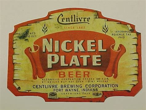 Centlivre Brewing Conickel Plate Beer Bottle Label Fort Wayne Indiana