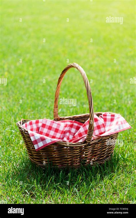 Empty Picnic Basket With Red Checkered Napkin On The Grass Warm
