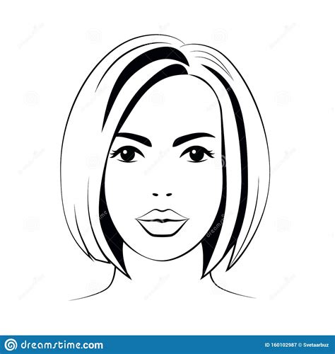 Woman Young Face With Short Hair Black Outline On White Background