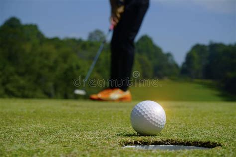 Golf Ball Putting On Green Grass Near Hole Golf To Win In Game At Golf