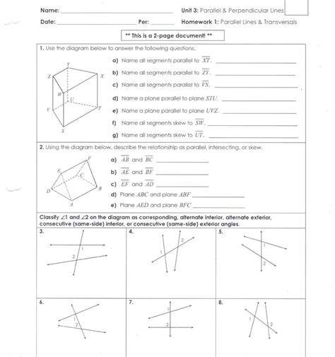 Homework 1 Parallel Lines And Transversal