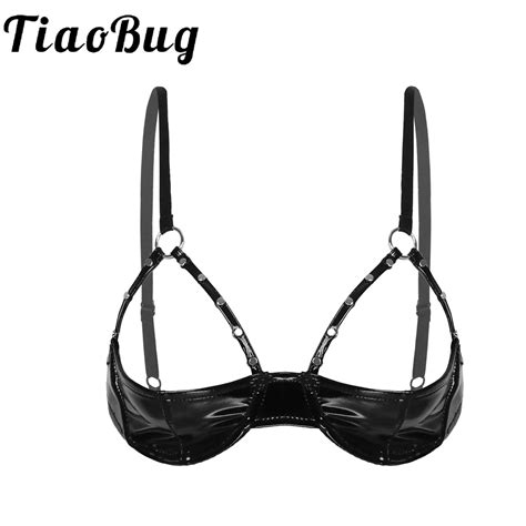 Sexy Ladies Lingerie Cupless Bra Black Shiny Patent Leather Brassiere With Rivet Strap And
