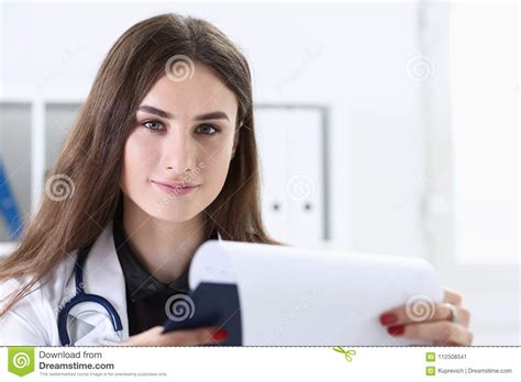 Beautiful Smiling Female Doctor Hold Clipboard Stock Image Image Of