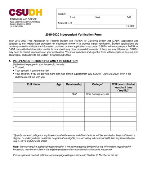 Csudh Independent Verification Form 2020 2022 Fill And Sign Printable