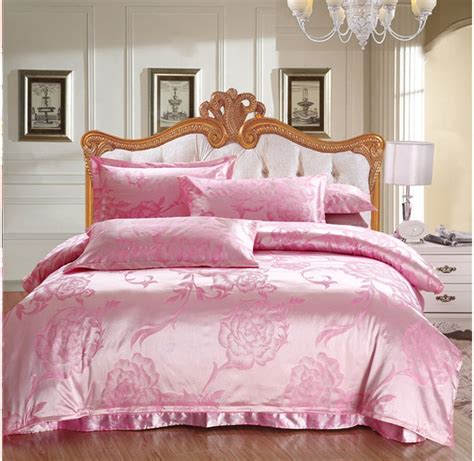 Pink Flowers 4pcs Silk Bedspreads King Size Silk Bedding Sets Satin