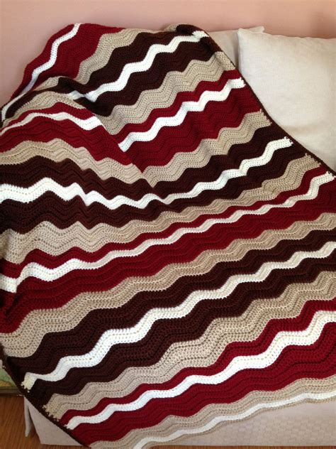 Chevron Multi Color Crochet Afghan Brown Beige Red White Striped