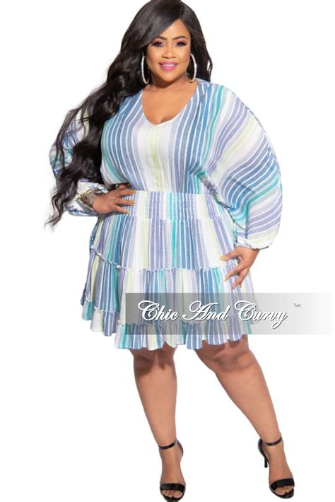 Final Sale Plus Size Baby Doll Dress In Blue Multi Stripe Chic And Curvy