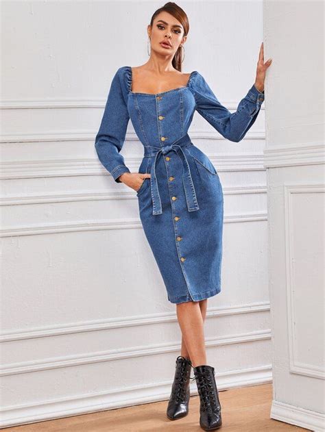 Button Front Belted Double Pocket Denim Dress Shein Denim Dress Denim Dress Outfit Denim