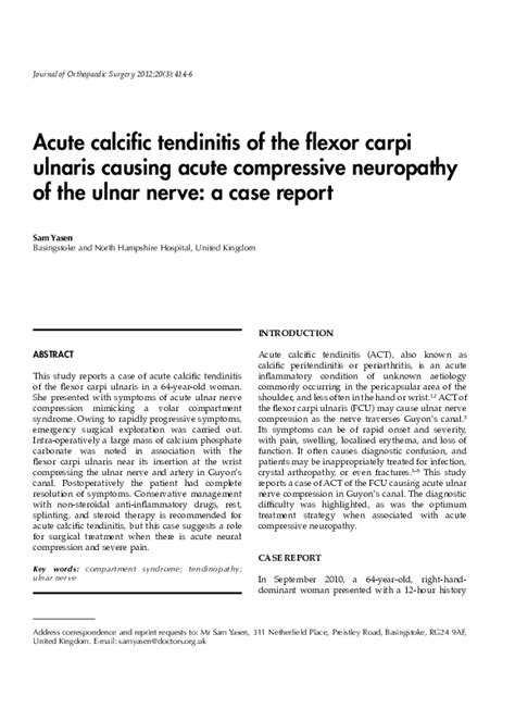 Pdf Acute Calcific Tendinitis Of The Flexor Carpi Ulnaris Causing