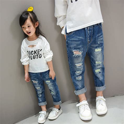 Childrens Jeans Kids Ripped Hole Denim Pants Baby Girl Clothes Spring