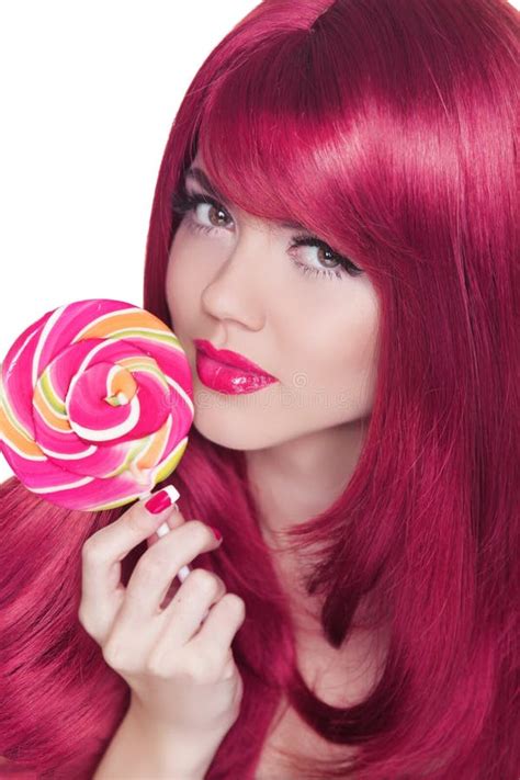 Beauty Girl Portrait Holding Colorful Lollipop Glamour Makeup Stock