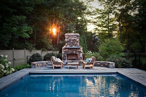 Bridgeport Outdoor Gas Fireplace With Traditional Hot Tub And Pool