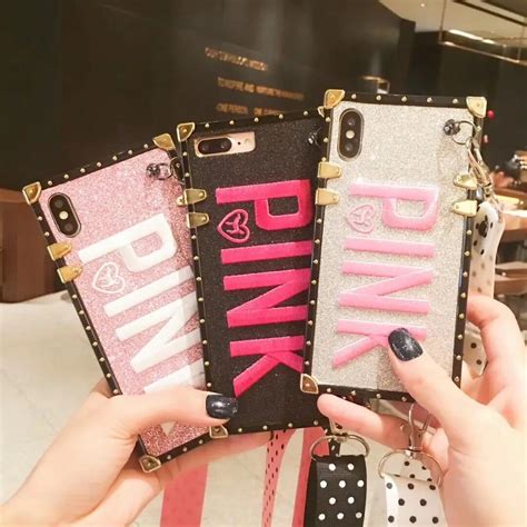 Fashion Square Pink Glitter Diamond Plated Victorias Phone Case For