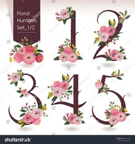 Floral Numbers Set 1 And 2 With Pink Flowers On White Background Stock