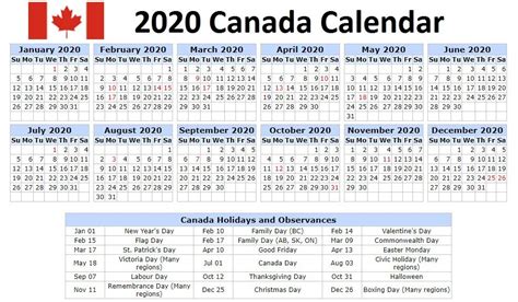 January 2020 Calendar Canada With National Bank And Public Holidays