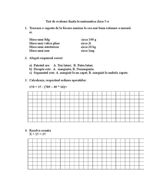 Test De Evaluare Finala La Matematica Clasa 5 Ces