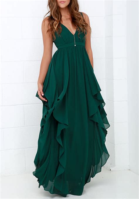 Dark Green Plain Tiered Swallowtail V Neck Maxi Dress Maxi Dresses