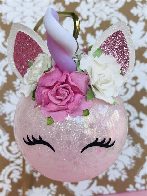 Pink Glitter Unicorn Ornament With Pretty Paper Flowers Etsy Pink