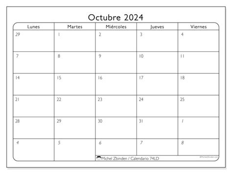 Calendario octubre 2024 Días laborables LD Michel Zbinden VE