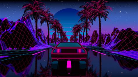 Wallpaper Outrun Car Vehicle Transport Palm Trees Cyber