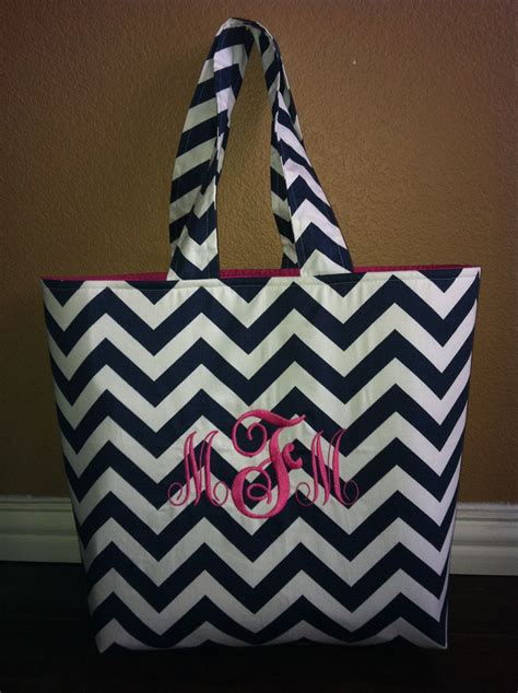Large Navy Monogramed Chevron Tote With Pink Tote Monogram Reusable