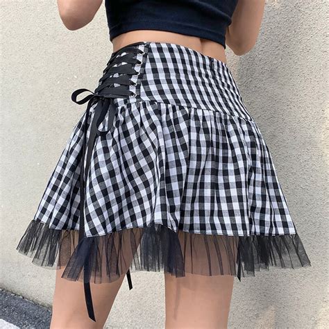 Y2k Skirts Lace Up Goth Woman Skirts Stripe Plaid Lace Trim Pleated