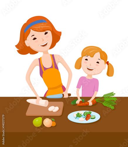 Mom Teaches Daughter To Cook Stock Vektorgrafik Adobe Stock