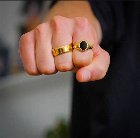 Mens Ring Gold Onyx Signet Ring Men Stainless Steel Band Etsy