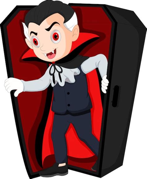 Dracula En Dessin Animé Se Réveillant Dans Un Cercueil Vecteur Premium