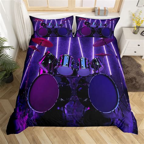 Yst Rock Drum Kit Bedding Sets Full Purple Neon Light Comforter Cover
