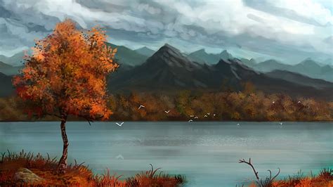 Hd Wallpaper Paintings Art Landscapes Lakes Mountains Sky Clouds Tree