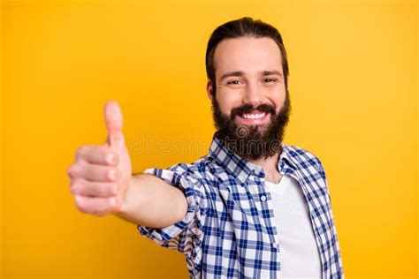 Close Up Portrait Of His He Nice Attractive Cheerful Cheery Bearded Guy In Checked Shirt Showing