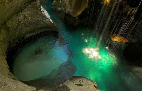 Waterfall River Canyon Slovenia Green Water Rock Cliff Nature
