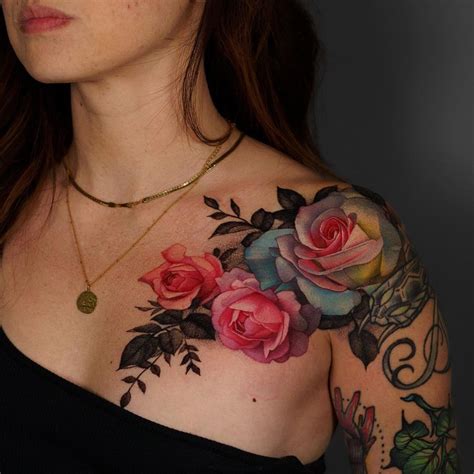 Pretty Ladies Roses Shoulder And Chest Tattoo Tattoo Ideas For Men