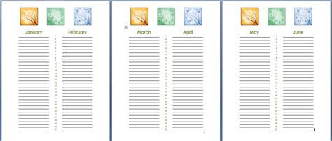 Birthday And Anniversary Calendar Template Formal Word Templates