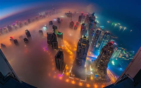 Hd Wallpaper Dubai In Fog Night Photograph From Air United Arab
